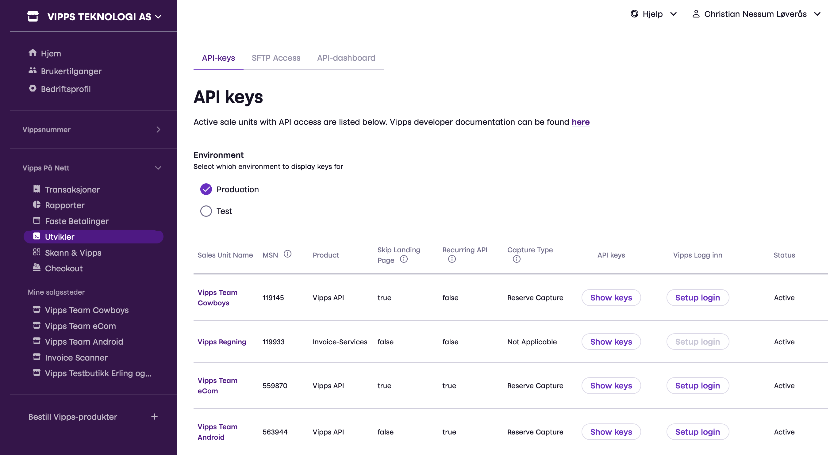 portal.vipps.no: The API products for a sales unit